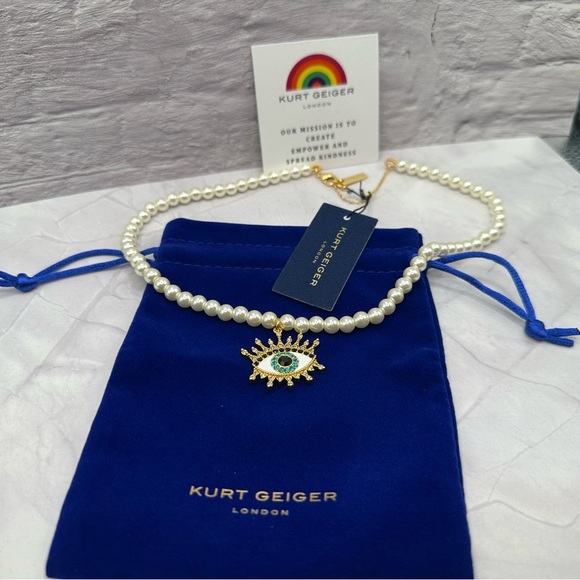 Kurt Geiger Evil Eye and Faux Pearl Necklace with Dust Bag NWT - Picture 2 of 6